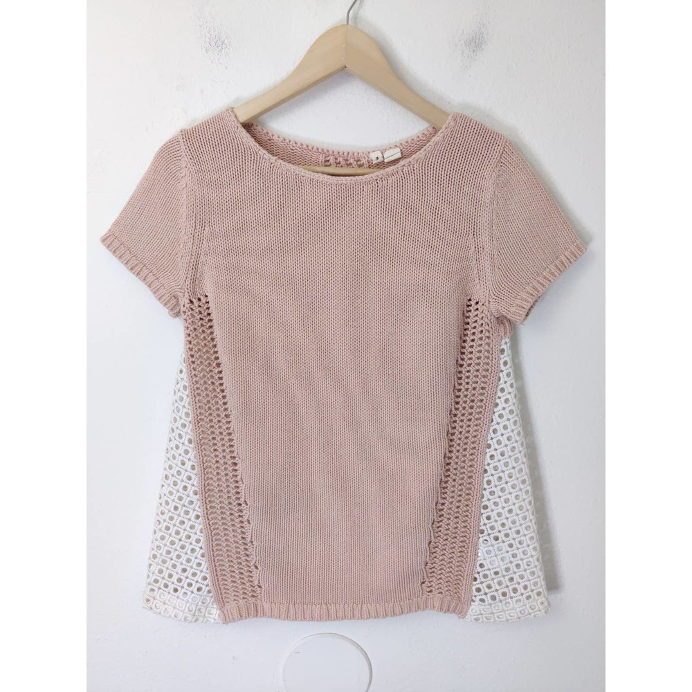 Anthropologie Moth Madeira Pink & White Eyelet Knit Back Pullover Sweater Size S - Picture 5 of 11